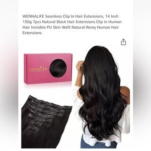 Wennalife Seamless Clip In Hair Extensions 14” 7PC Set In Natural Black New🩷